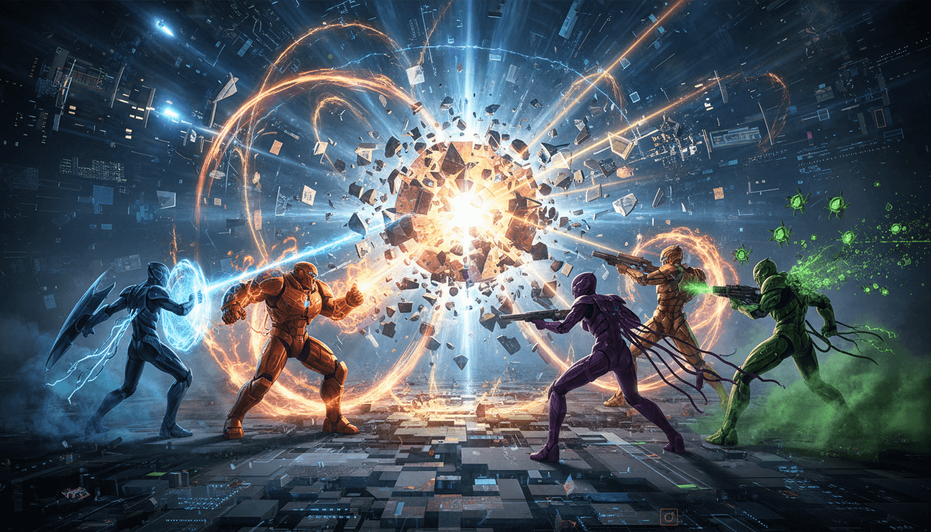 Five faction leaders gathered in a strategic war room